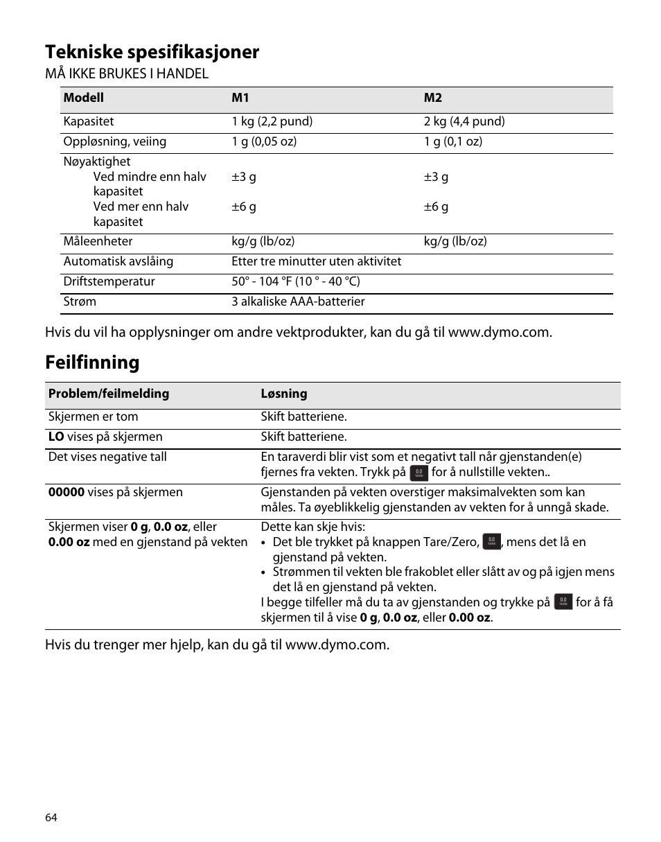 Tekniske spesifikasjoner, Feilfinning | Dymo M1 User Manual | Page 68 / 102