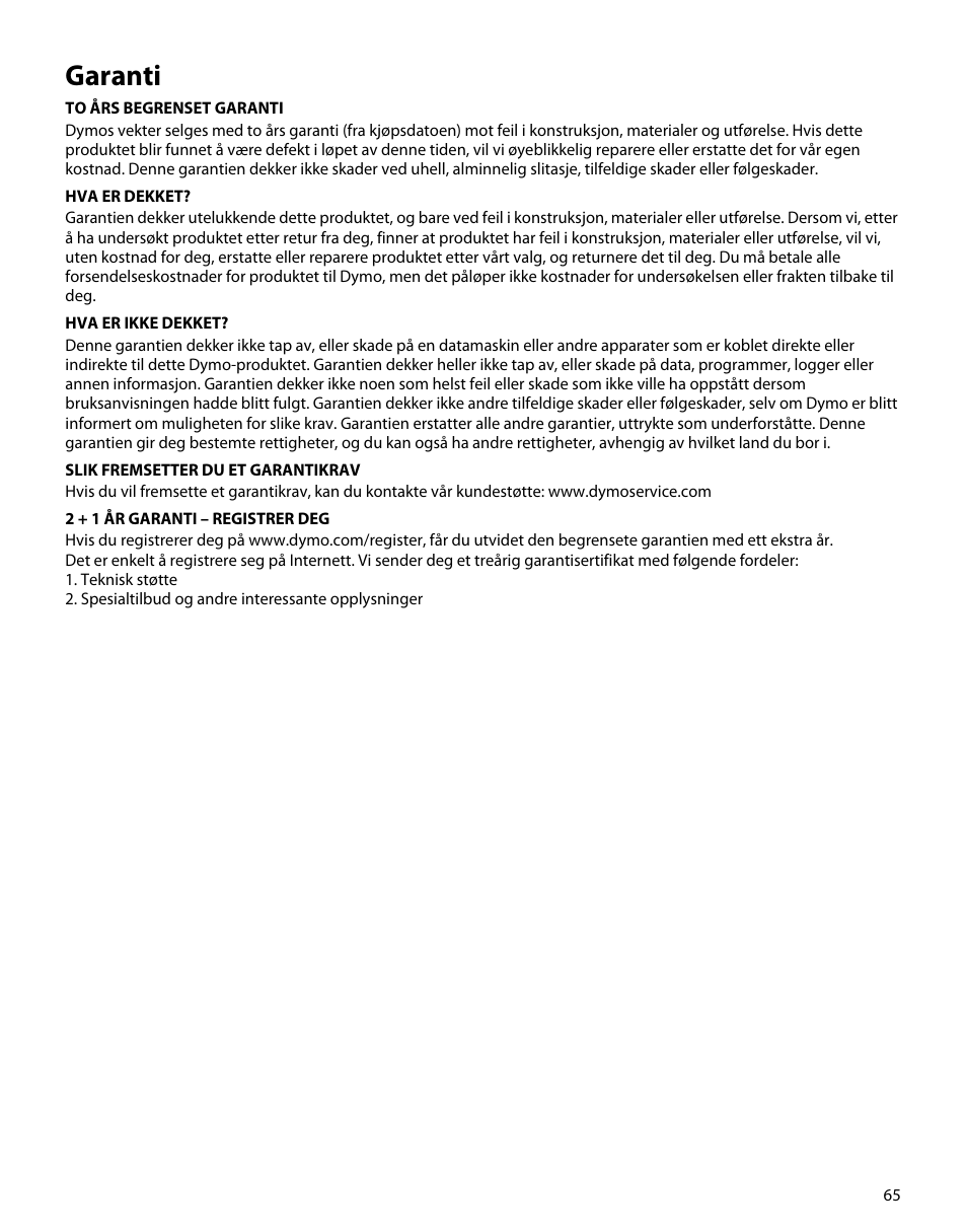 Garanti | Dymo M1 User Manual | Page 69 / 102