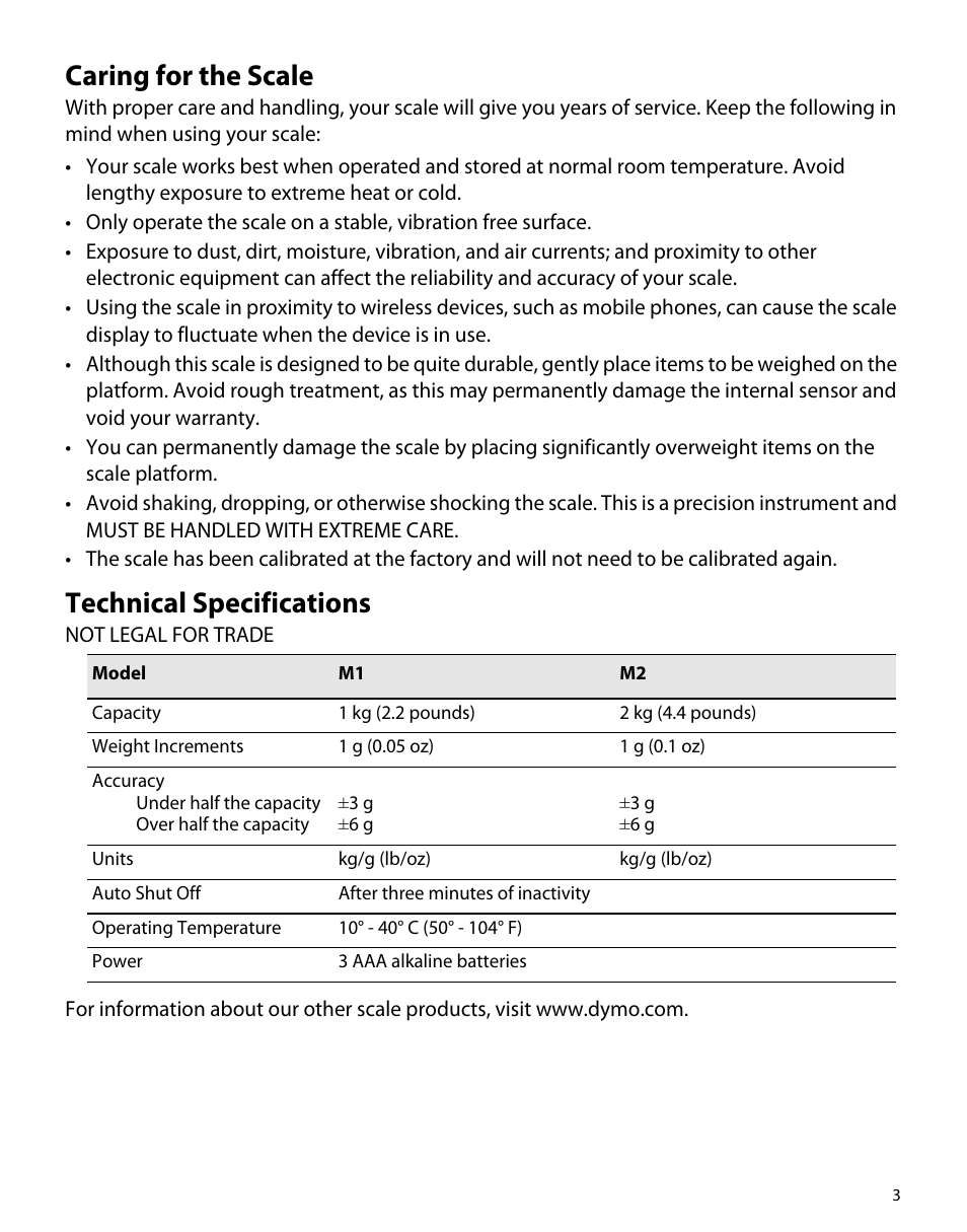 Caring for the scale, Technical specifications | Dymo M1 User Manual | Page 7 / 102