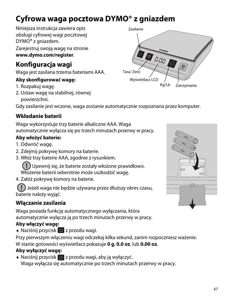 Cyfrowa waga pocztowa dymo® z gniazdem, Konfiguracja wagi, Wkładanie baterii | Włączanie zasilania | Dymo M1 User Manual | Page 71 / 102