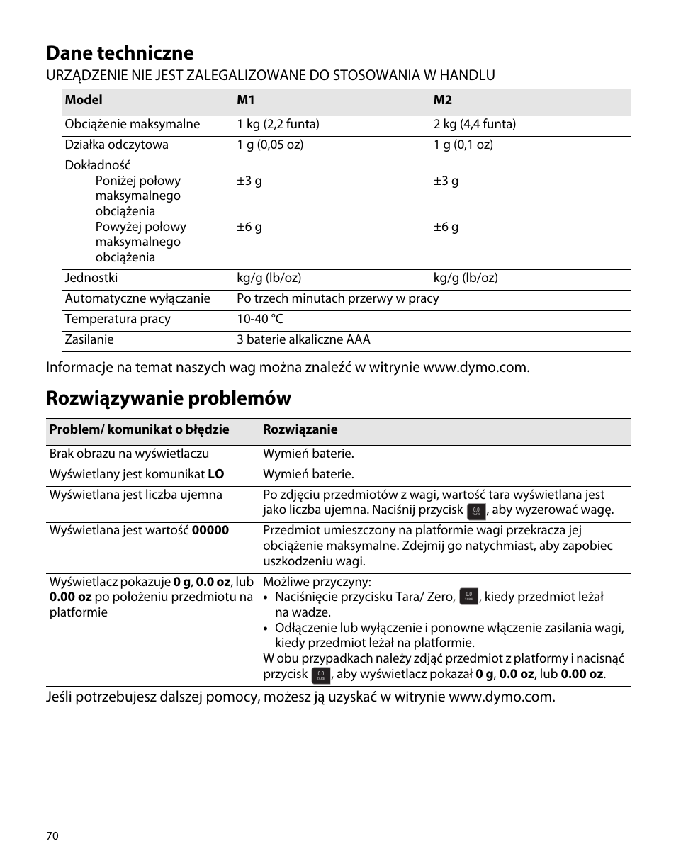 Dane techniczne, Rozwiązywanie problemów | Dymo M1 User Manual | Page 74 / 102