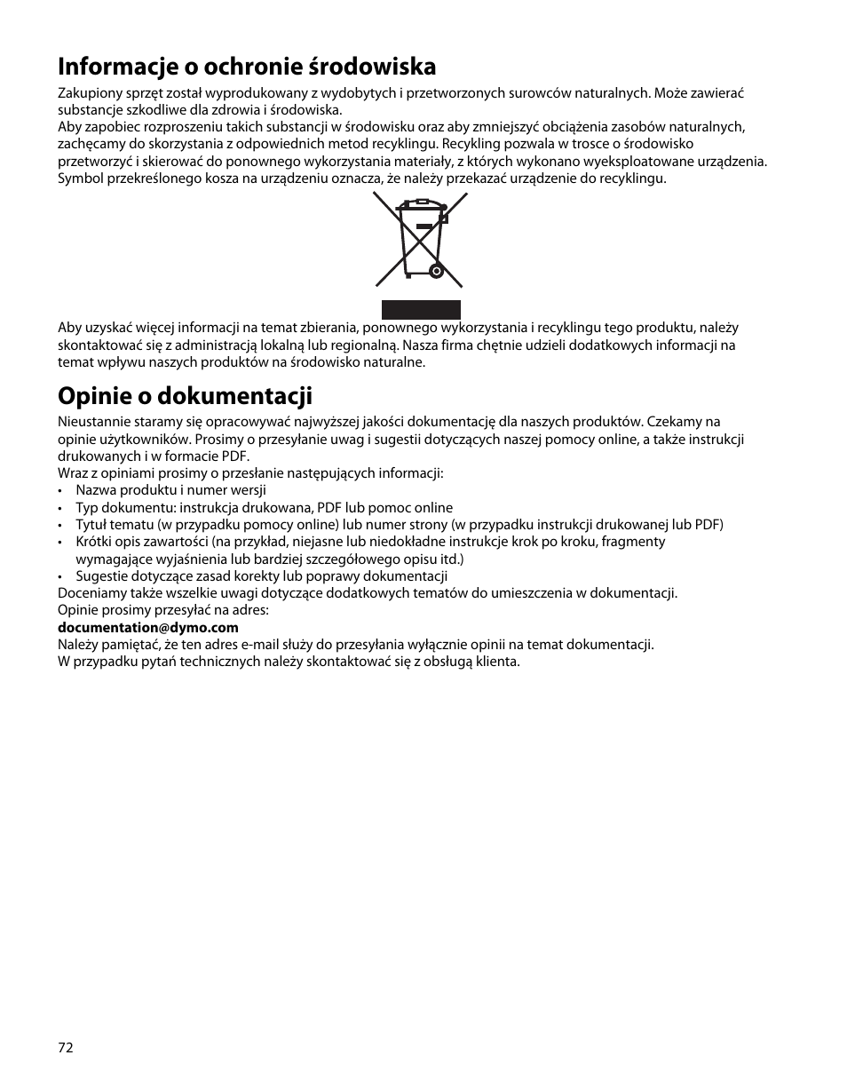 Informacje o ochronie środowiska, Opinie o dokumentacji | Dymo M1 User Manual | Page 76 / 102