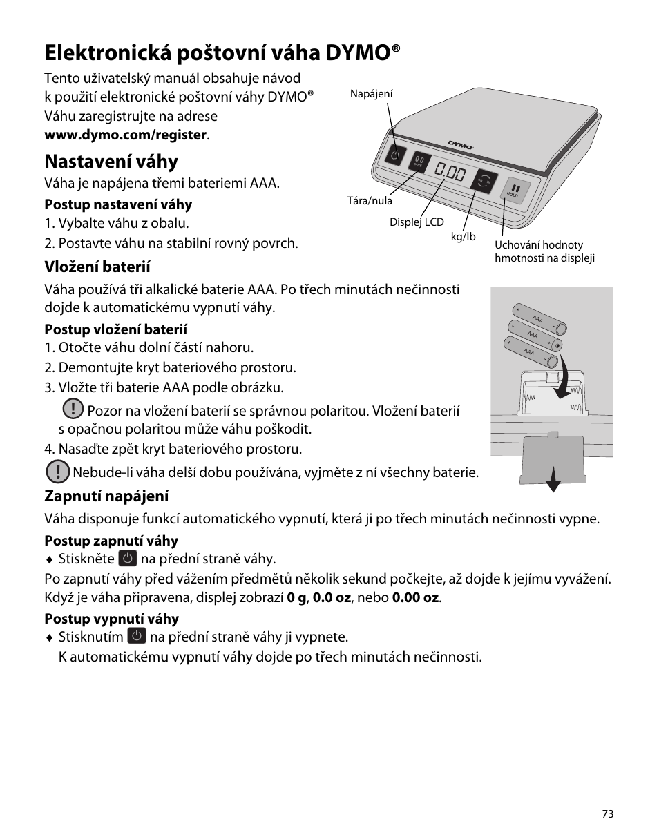 Elektronická poštovní váha dymo, Nastavení váhy, Vložení baterií | Zapnutí napájení | Dymo M1 User Manual | Page 77 / 102