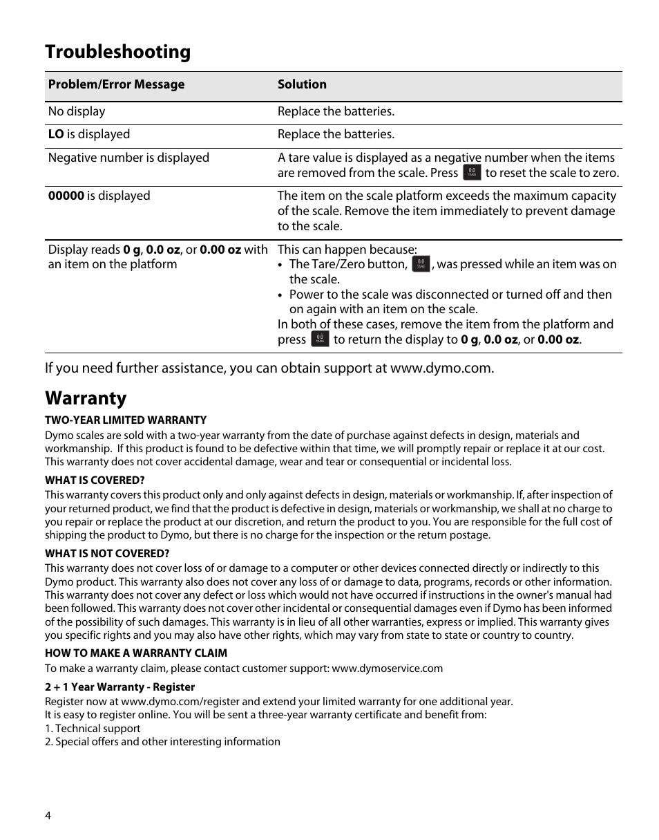 Troubleshooting, Warranty | Dymo M1 User Manual | Page 8 / 102