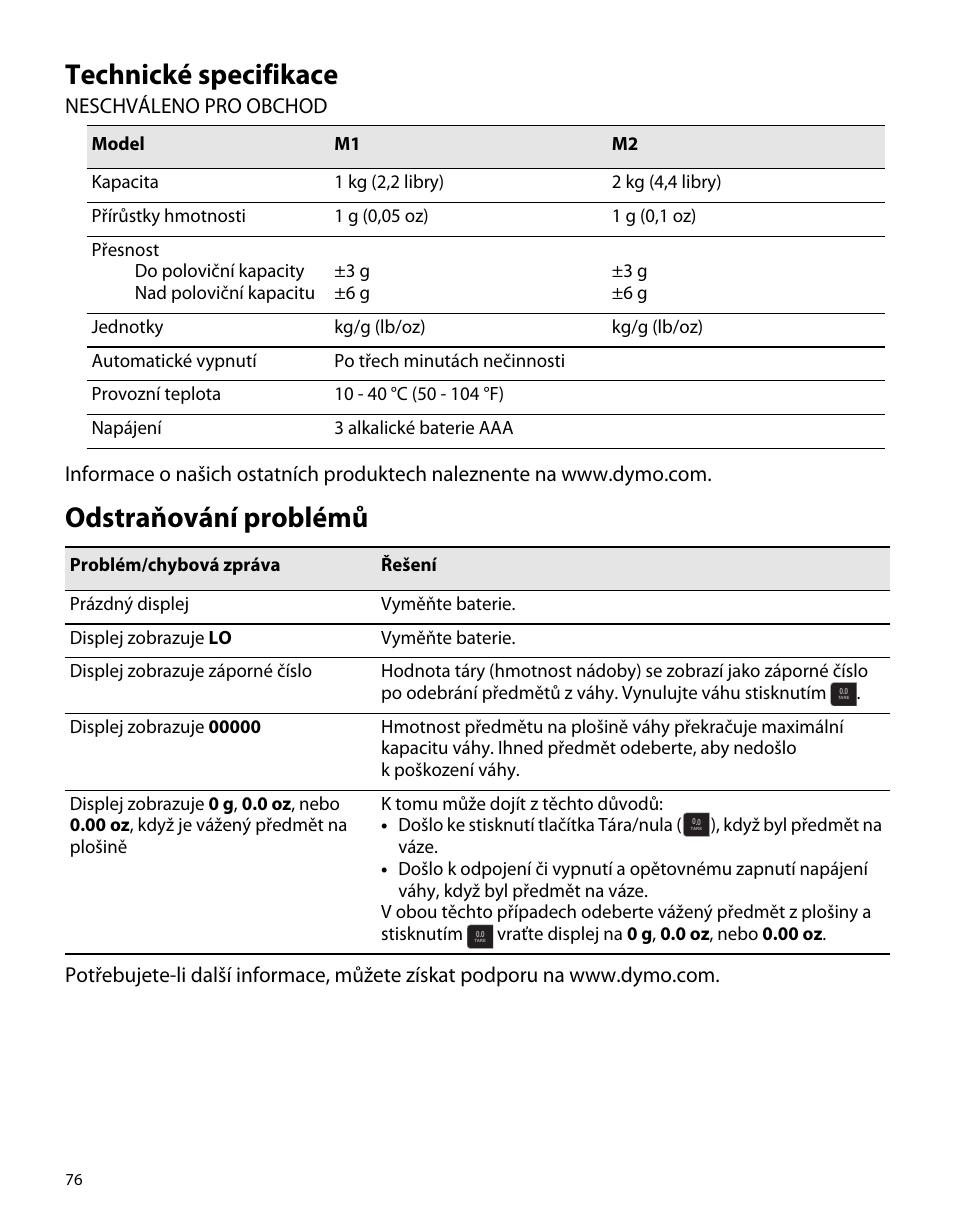 Technické specifikace, Odstraňování problémů | Dymo M1 User Manual | Page 80 / 102