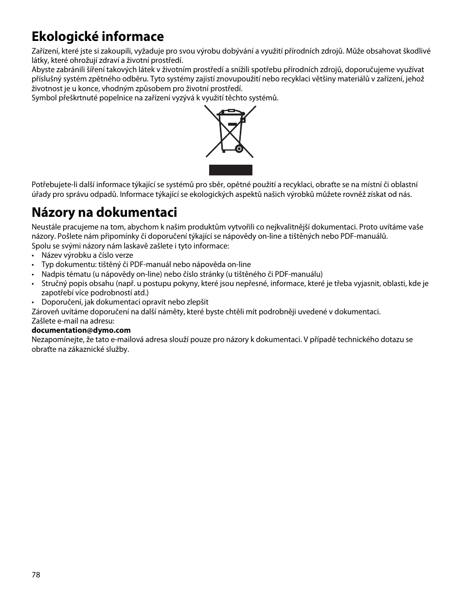 Ekologické informace, Názory na dokumentaci | Dymo M1 User Manual | Page 82 / 102