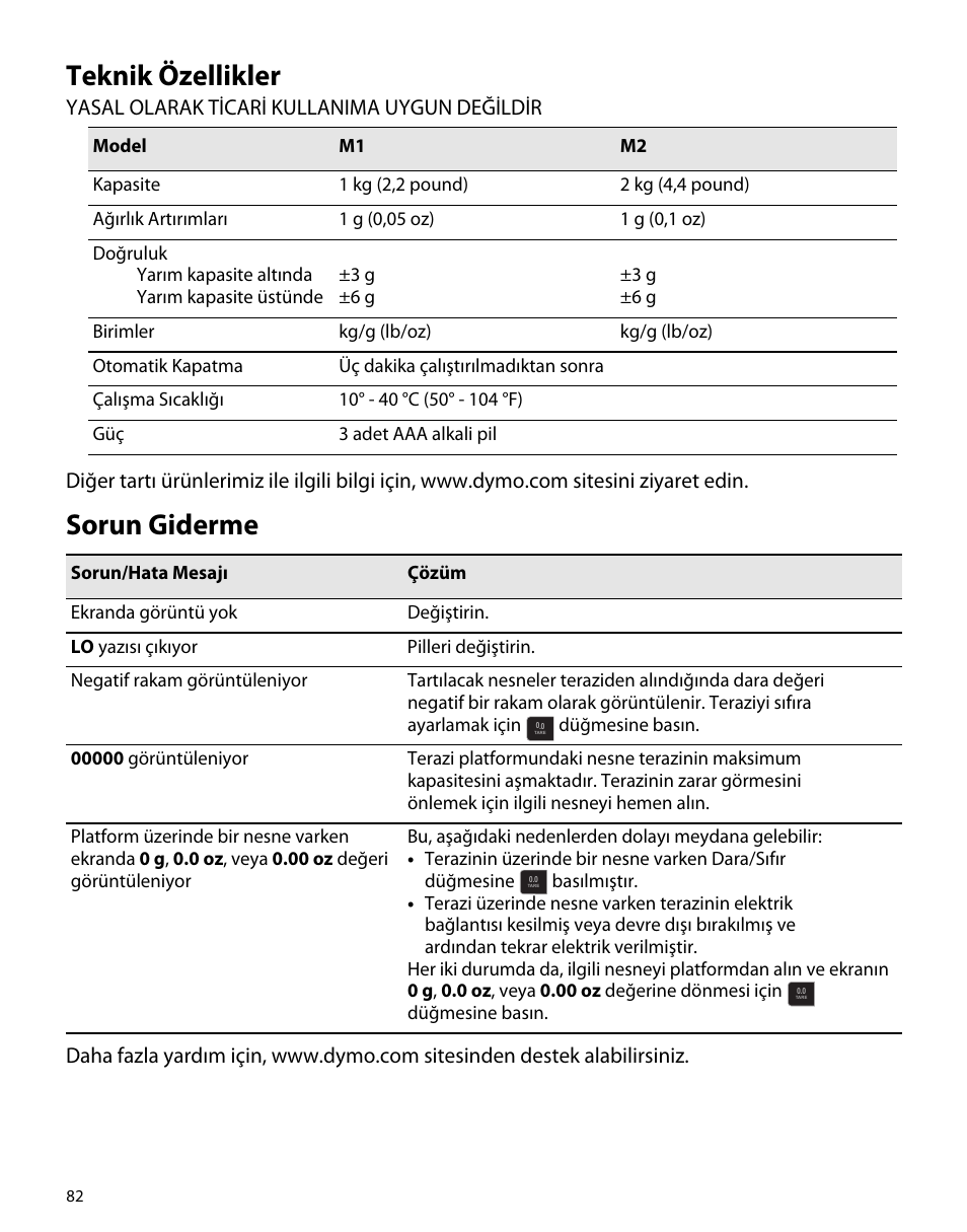 Teknik özellikler, Sorun giderme | Dymo M1 User Manual | Page 86 / 102