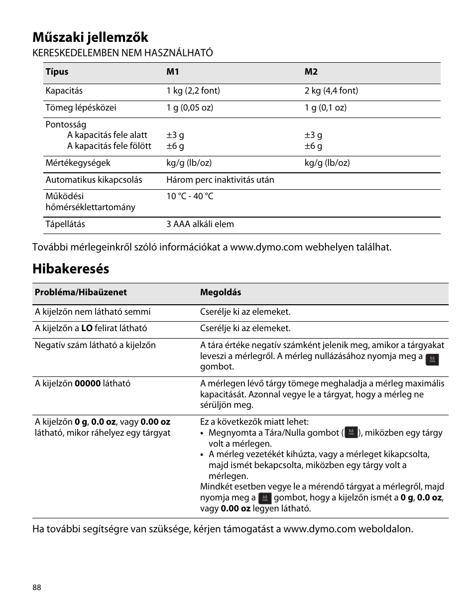 Műszaki jellemzők, Hibakeresés | Dymo M1 User Manual | Page 92 / 102