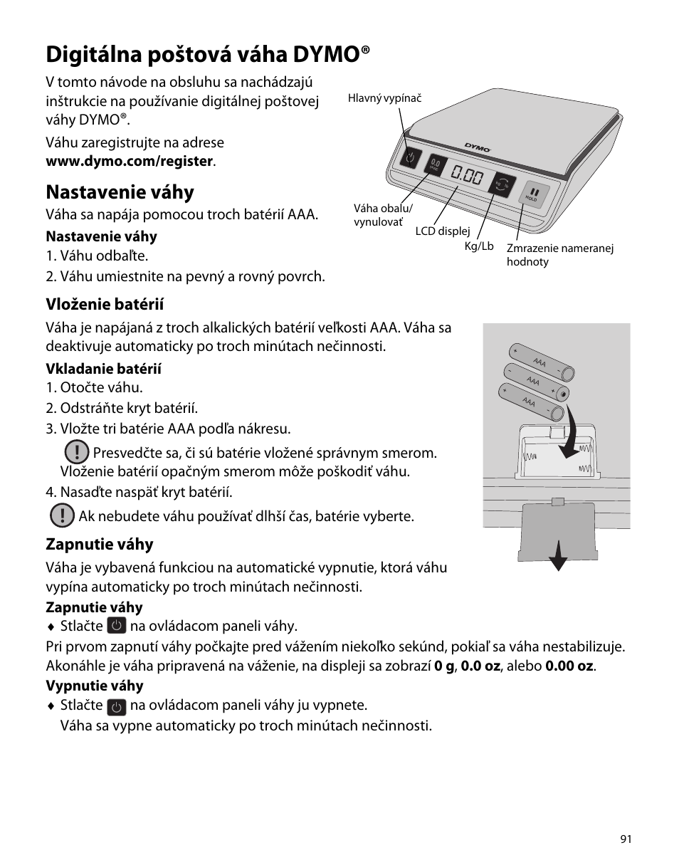 Digitálna poštová váha dymo, Nastavenie váhy, Vloženie batérií | Zapnutie váhy | Dymo M1 User Manual | Page 95 / 102