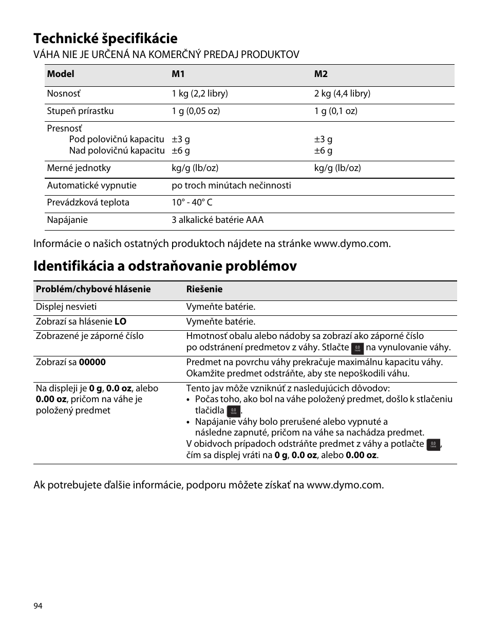 Technické špecifikácie, Identifikácia a odstraňovanie problémov | Dymo M1 User Manual | Page 98 / 102