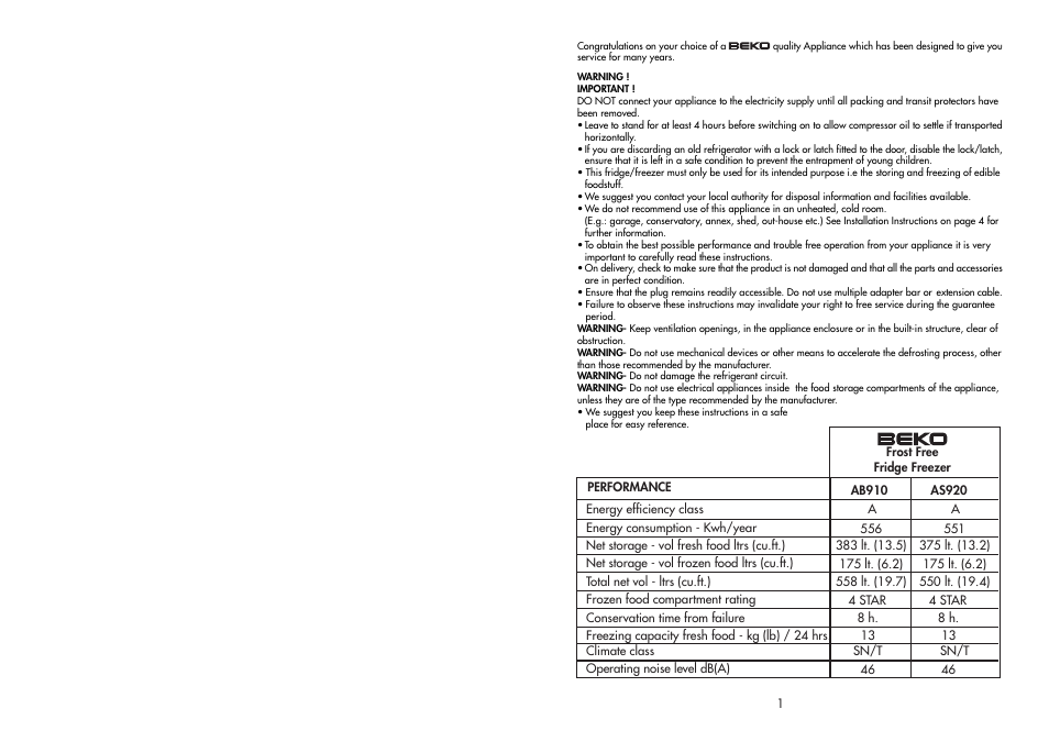 Beko AB910 User Manual | Page 2 / 18