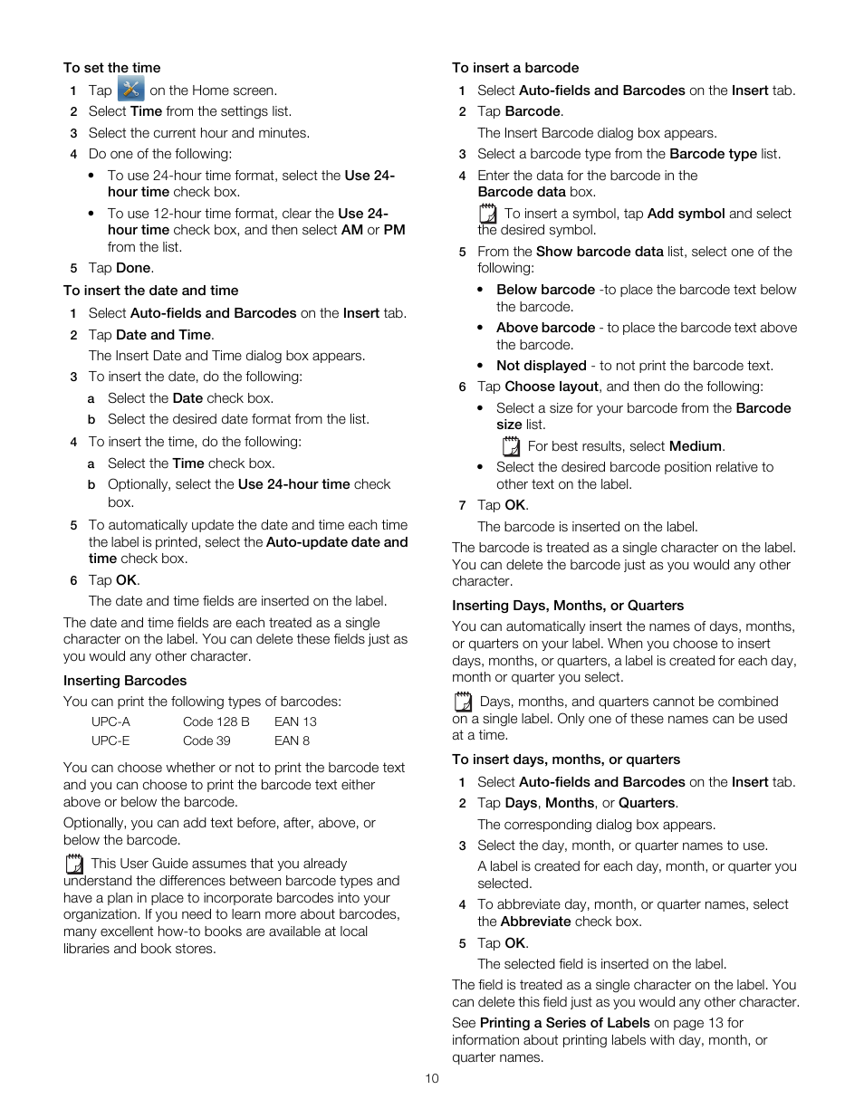 Inserting barcodes, Inserting days, months, or quarters | Dymo LabelManager 500TS User Manual | Page 10 / 19