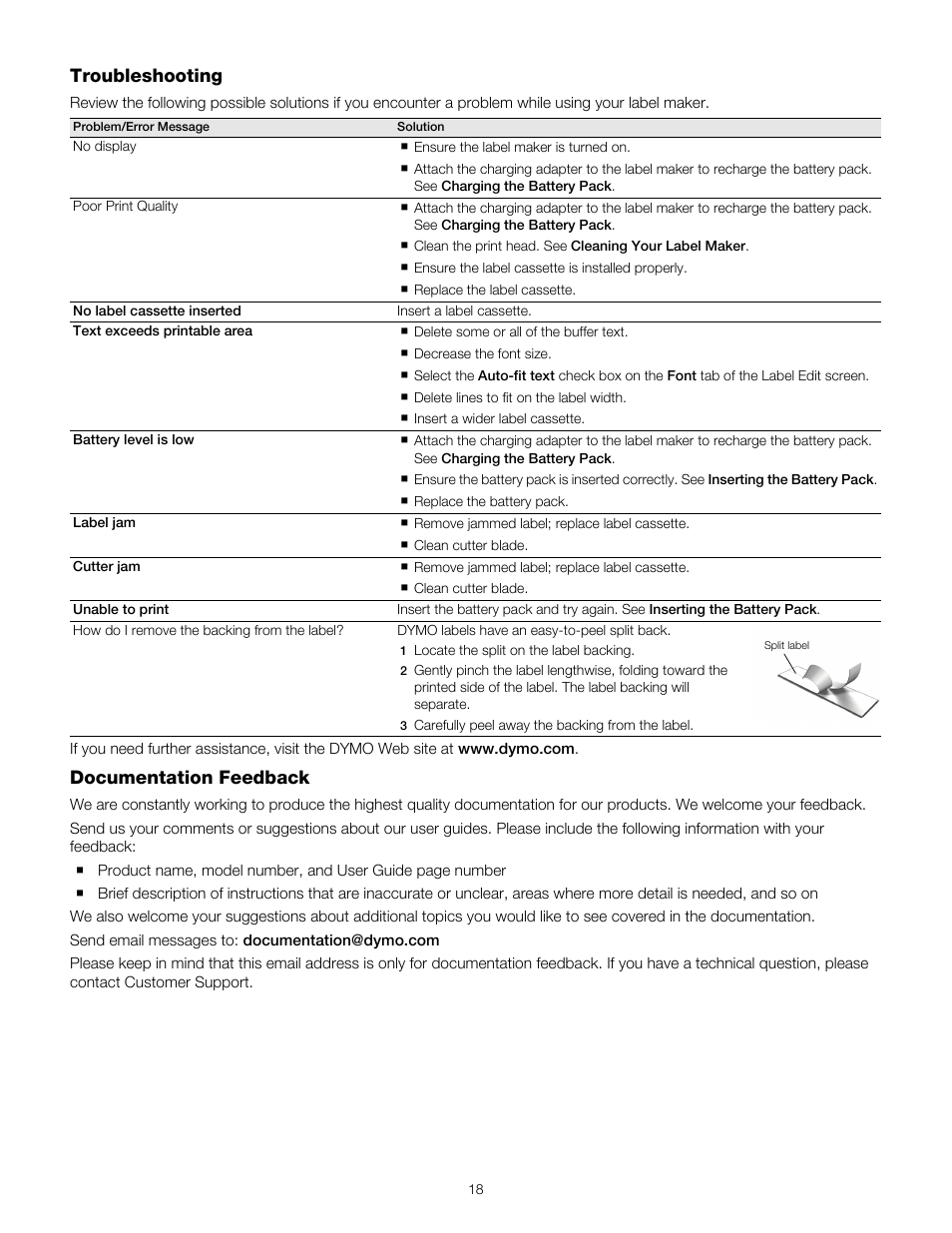 Troubleshooting, Documentation feedback, Troubleshooting documentation feedback | Dymo LabelManager 500TS User Manual | Page 18 / 19