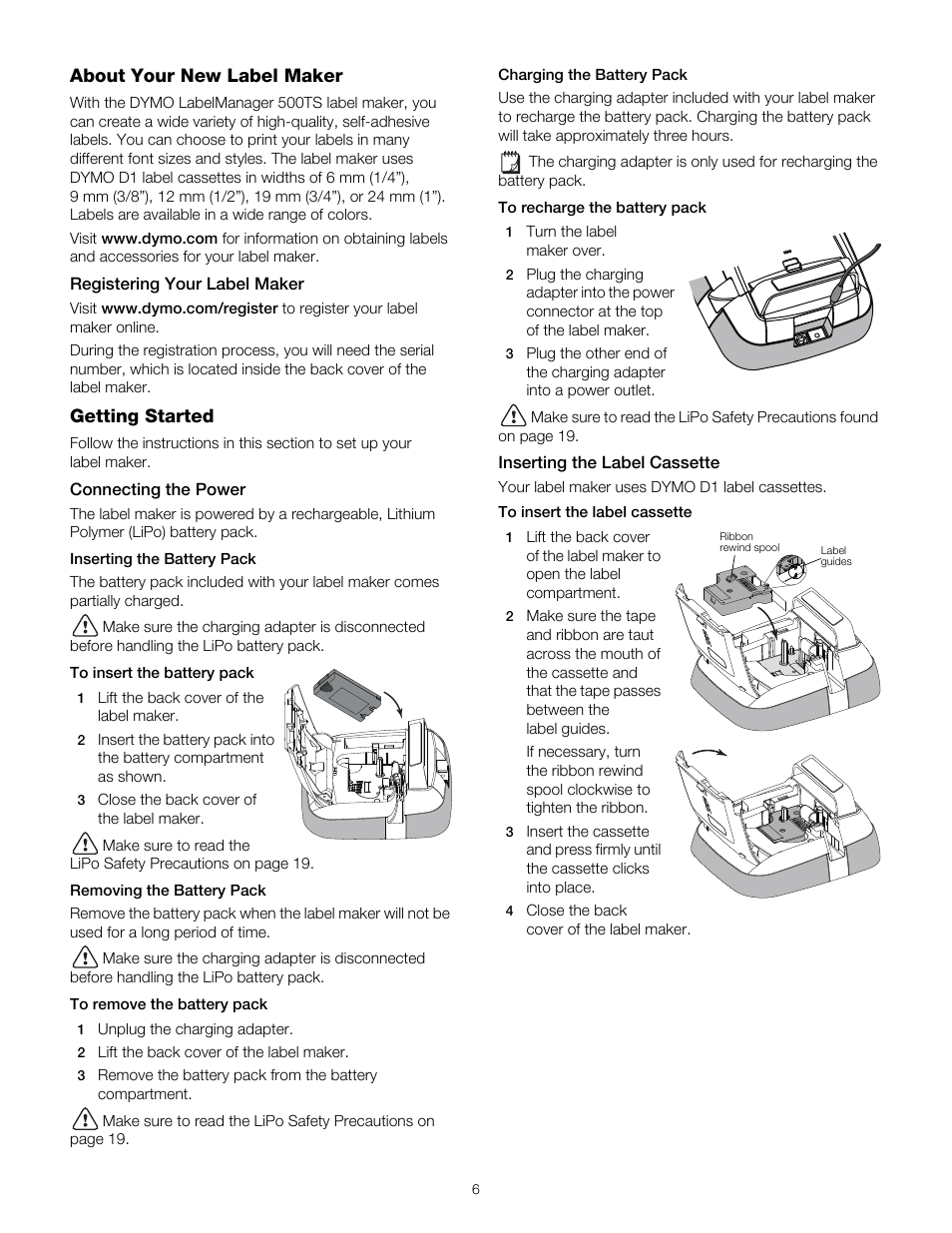 About your new label maker, Registering your label maker, Getting started | Connecting the power, Inserting the battery pack, Removing the battery pack, Charging the battery pack, Inserting the label cassette | Dymo LabelManager 500TS User Manual | Page 6 / 19