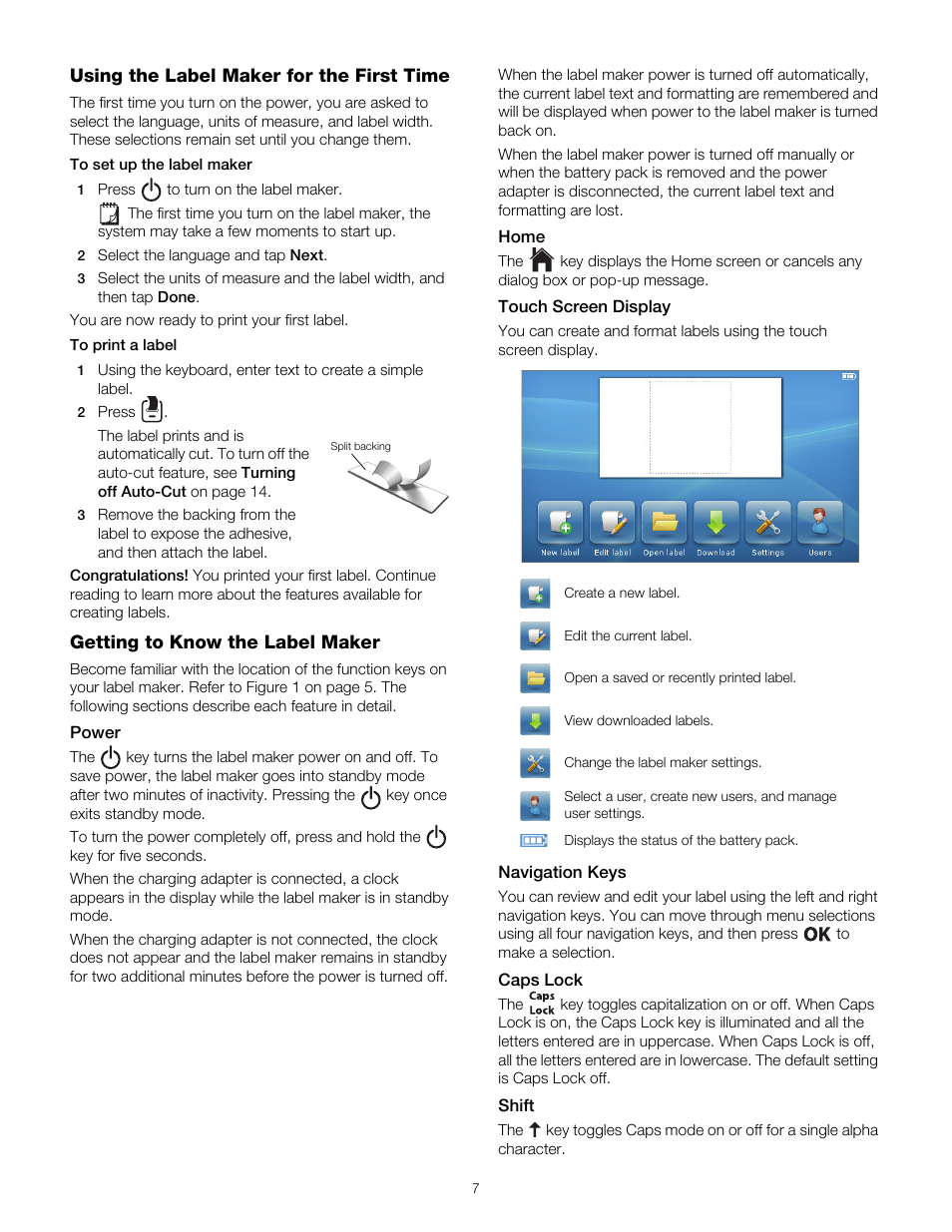 Using the label maker for the first time, Getting to know the label maker, Power | Home, Touch screen display, Navigation keys, Caps lock, Shift | Dymo LabelManager 500TS User Manual | Page 7 / 19