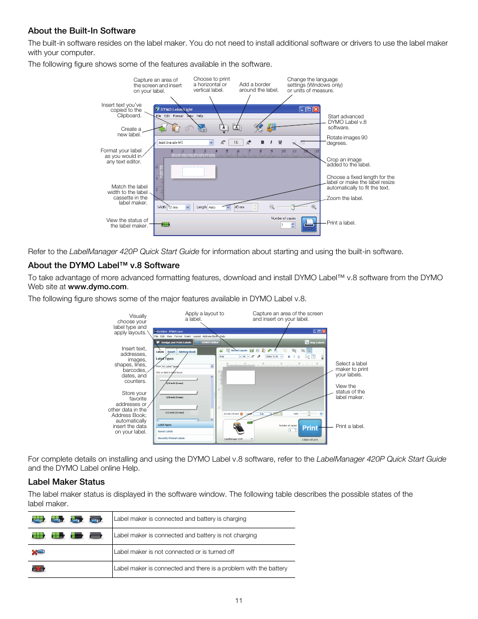 About the built-in software, About the dymo label™ v.8 software, Label maker status | Dymo LabelManager 420P User Manual | Page 11 / 12