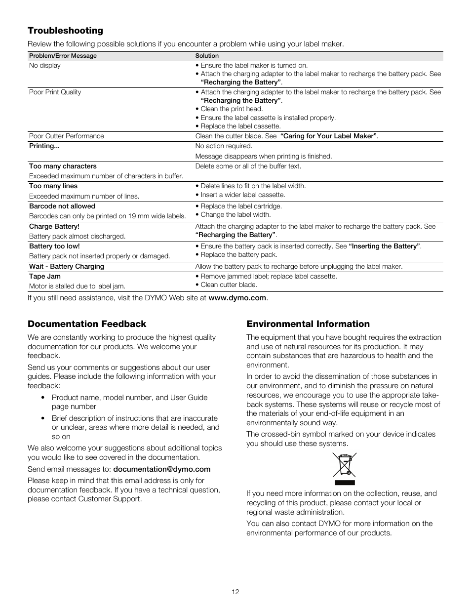 Troubleshooting, Documentation feedback, Environmental information | Dymo LabelManager 420P User Manual | Page 12 / 12