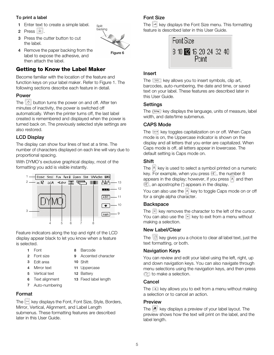 Getting to know the label maker, Power, Lcd display | Format, Font size, Insert, Settings, Caps mode, Shift, Backspace | Dymo LabelManager 420P User Manual | Page 5 / 12