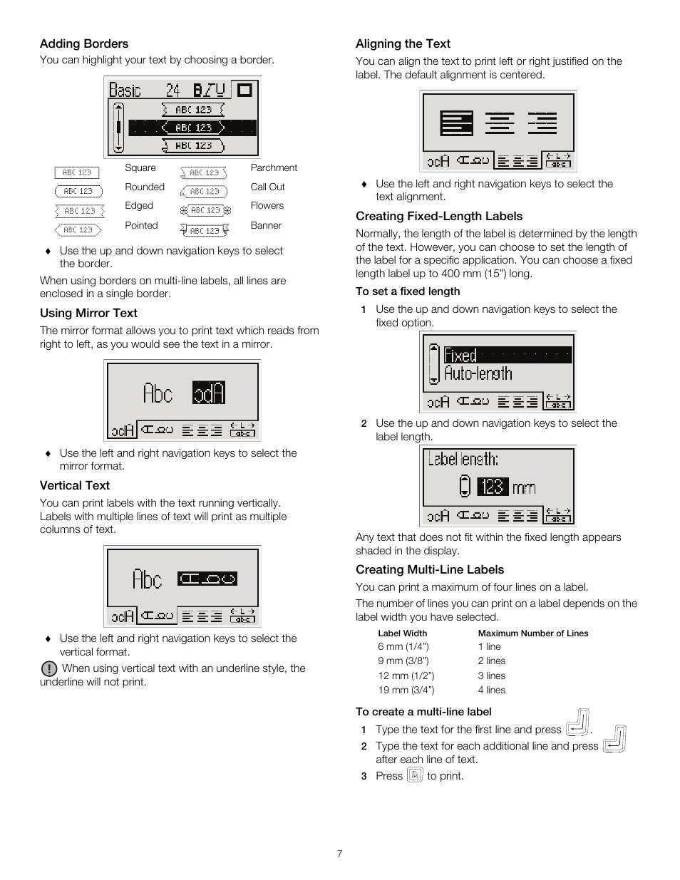 Adding borders, Using mirror text, Vertical text | Aligning the text, Creating fixed-length labels, Creating multi-line labels | Dymo LabelManager 420P User Manual | Page 7 / 12