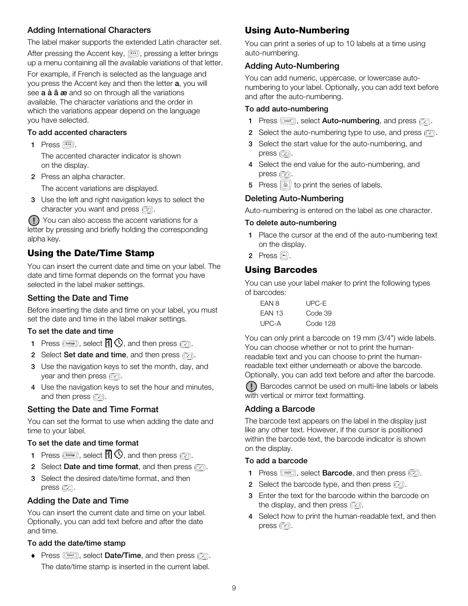 Adding international characters, Using the date/time stamp, Setting the date and time | Setting the date and time format, Adding the date and time, Using auto-numbering, Adding auto-numbering, Deleting auto-numbering, Using barcodes, Adding a barcode | Dymo LabelManager 420P User Manual | Page 9 / 12