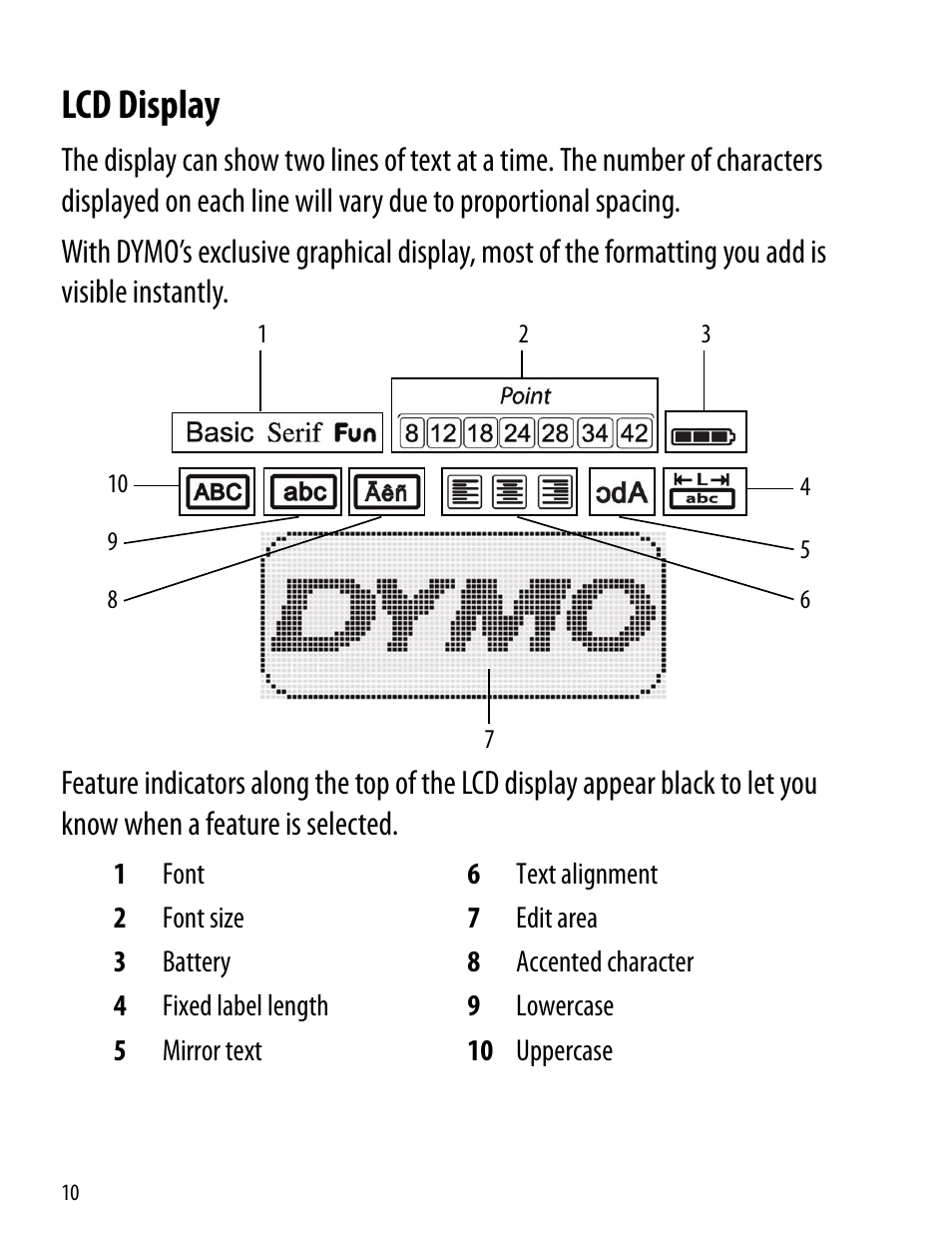Lcd display | Dymo LabelManager 360D User Manual | Page 10 / 30
