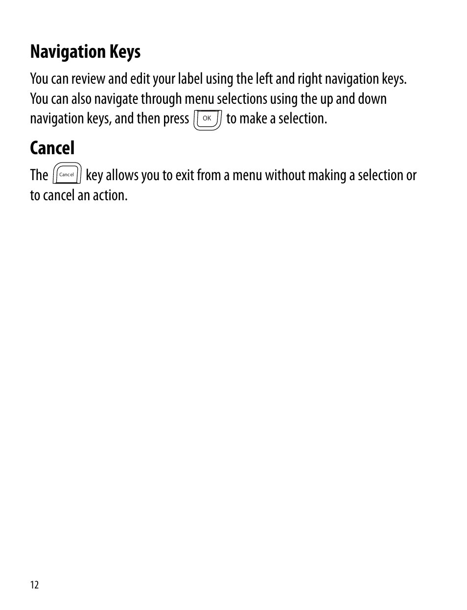 Navigation keys, Cancel, Navigation keys cancel | Dymo LabelManager 360D User Manual | Page 12 / 30