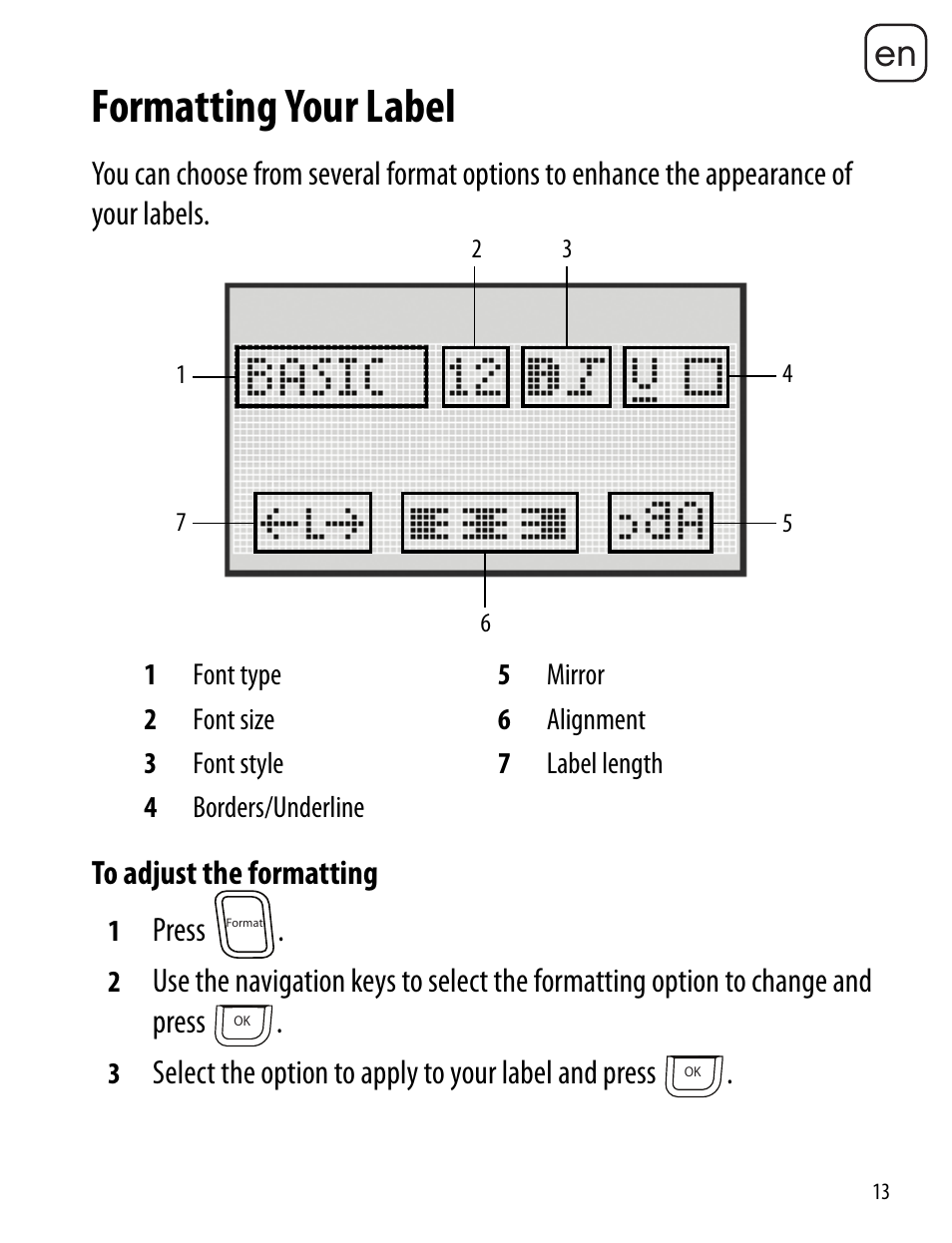 Formatting your label | Dymo LabelManager 360D User Manual | Page 13 / 30