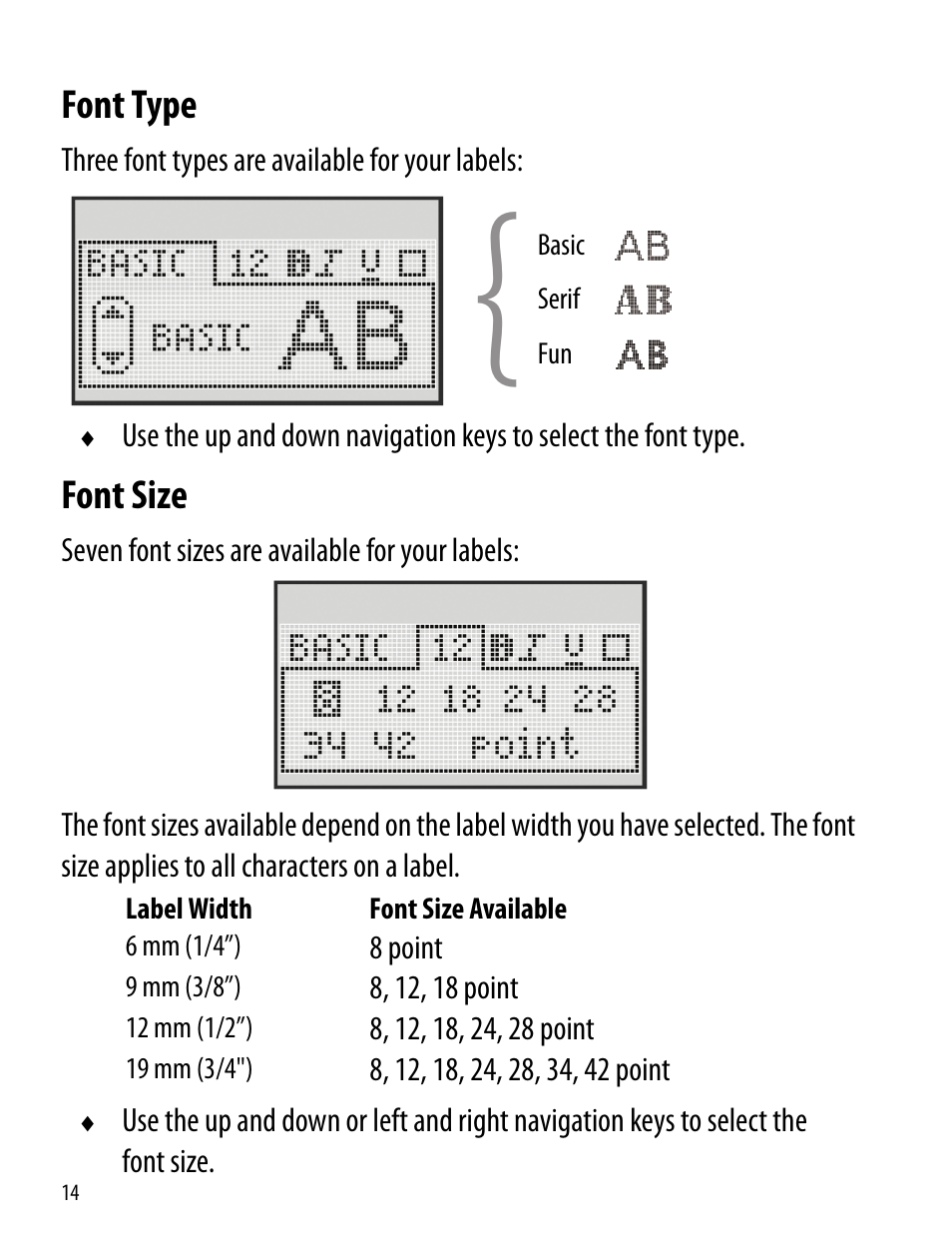 Font type, Font size, Font type font size | Dymo LabelManager 360D User Manual | Page 14 / 30