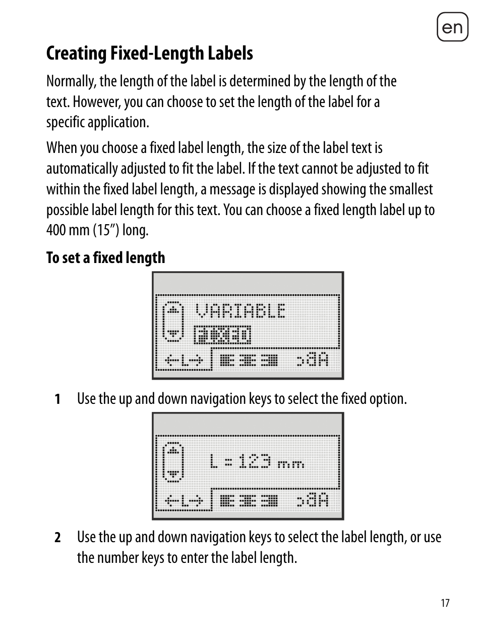 Creating fixed-length labels | Dymo LabelManager 360D User Manual | Page 17 / 30