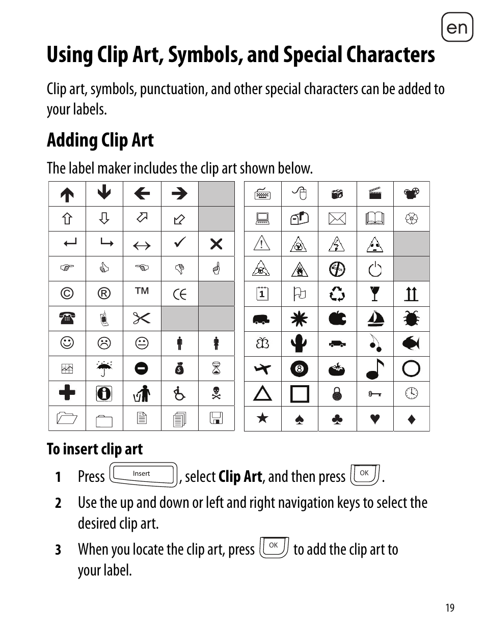 Using clip art, symbols, and special characters, Adding clip art | Dymo LabelManager 360D User Manual | Page 19 / 30