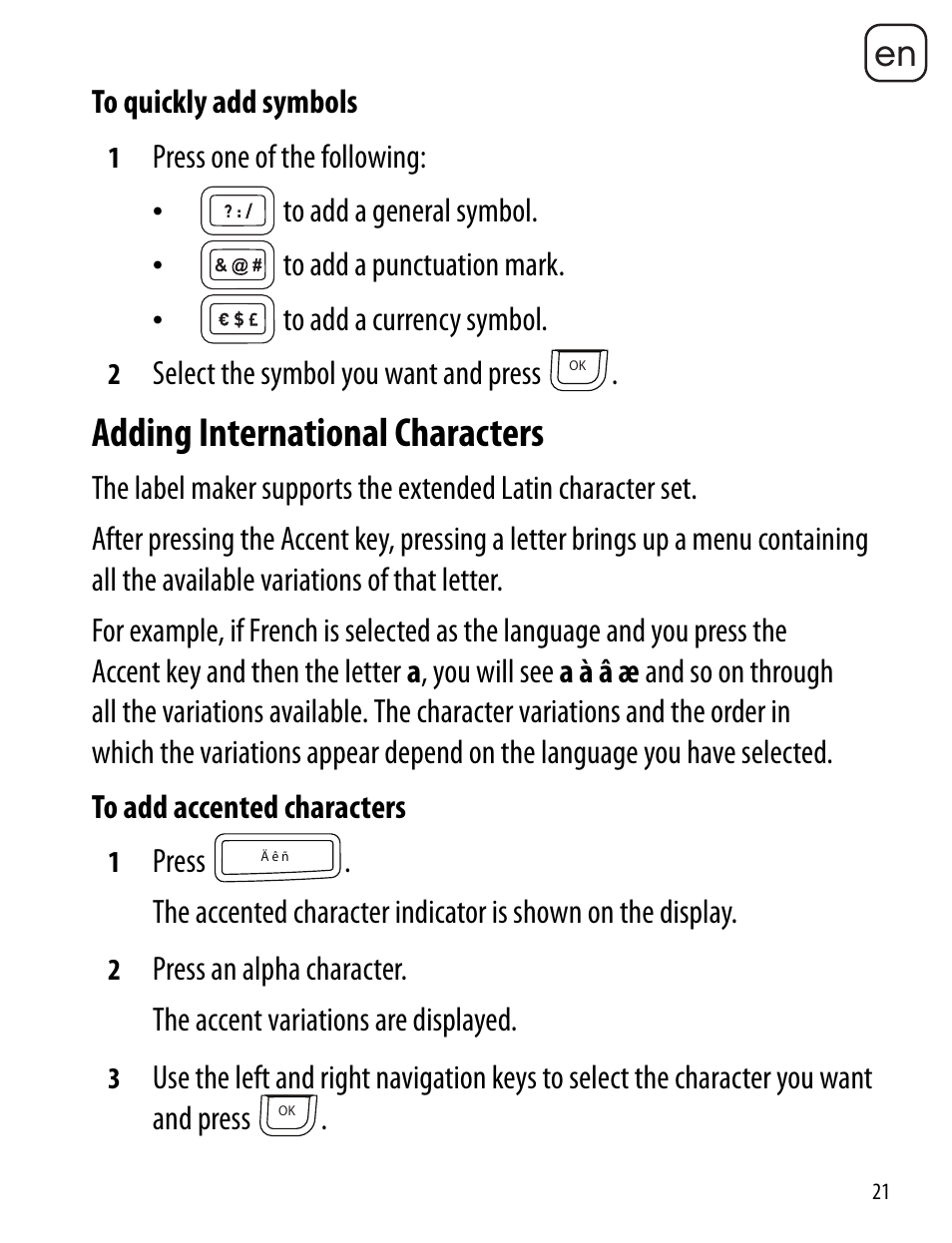 Adding international characters | Dymo LabelManager 360D User Manual | Page 21 / 30