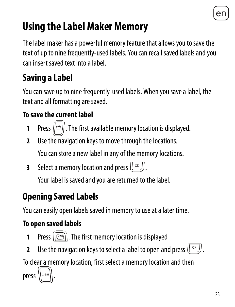 Saving a label, Opening saved labels, Inserting saved text | Dymo LabelManager 360D User Manual | Page 23 / 30