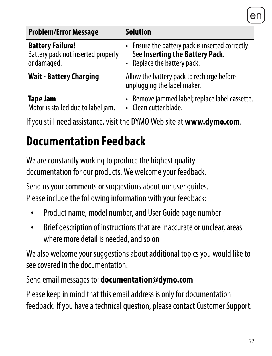 Documentation feedback | Dymo LabelManager 360D User Manual | Page 27 / 30