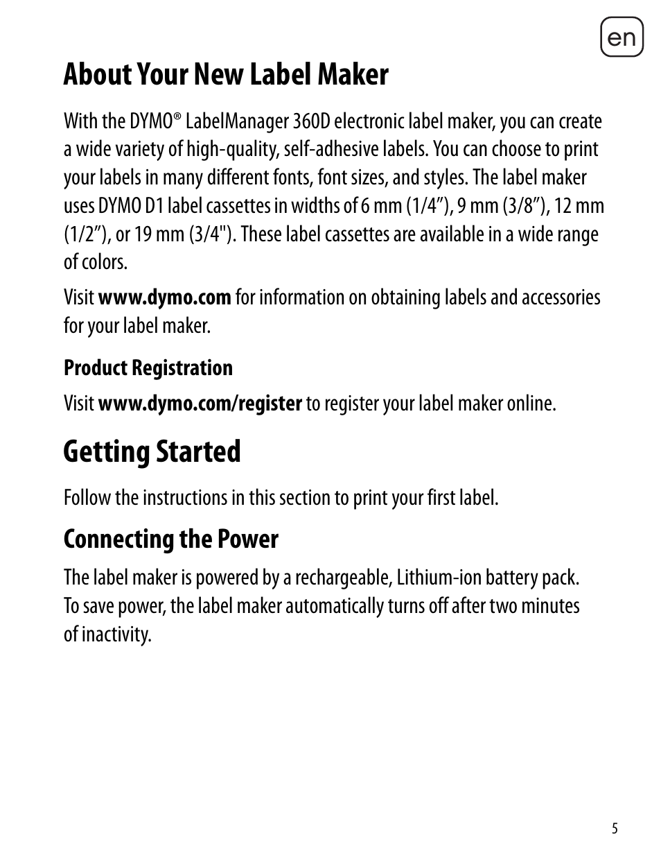 About your new label maker, Product registration, Getting started | Connecting the power | Dymo LabelManager 360D User Manual | Page 5 / 30