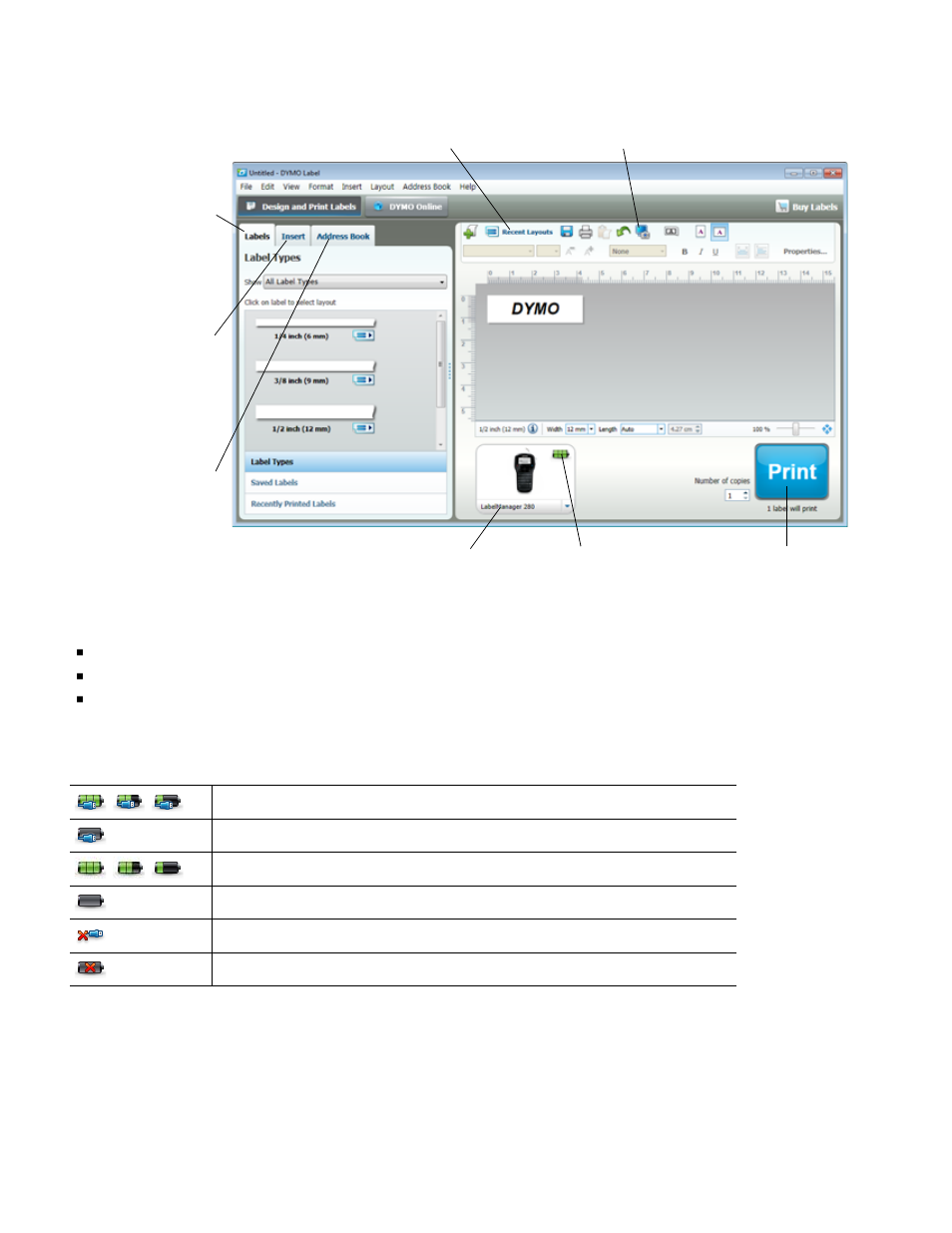 Using dymo label software, Viewing the label maker status, Using dymo label | Software | Dymo LabelManager 280 User Manual | Page 14 / 17