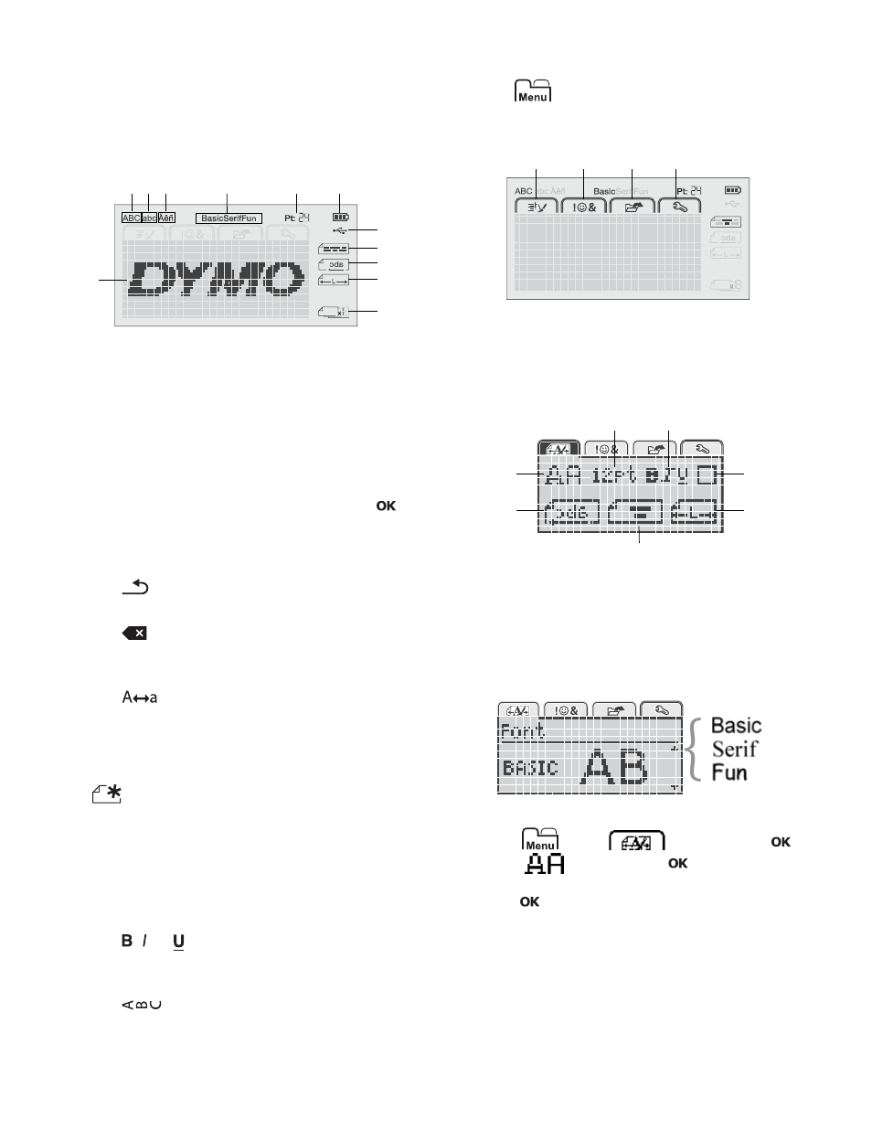 Lcd display, Navigation keys, Cancel | Backspace, Caps mode, New label/clear, Text size, Format keys, Vertical text, Menu | Dymo LabelManager 280 User Manual | Page 7 / 17