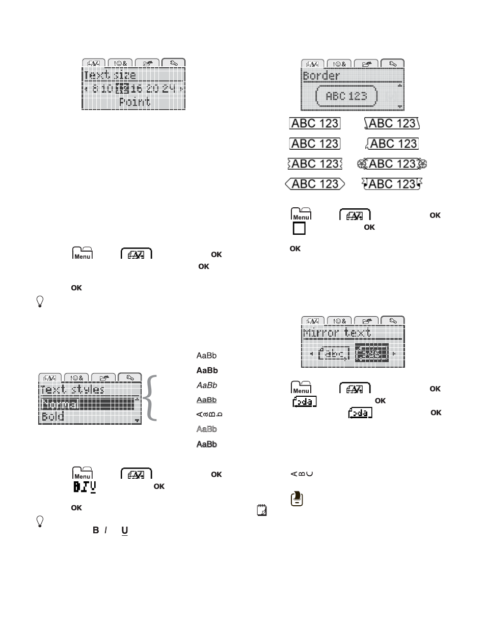 Changing the text size, Changing the text style, Adding borders | Using mirror text, Creating vertical labels | Dymo LabelManager 280 User Manual | Page 8 / 17