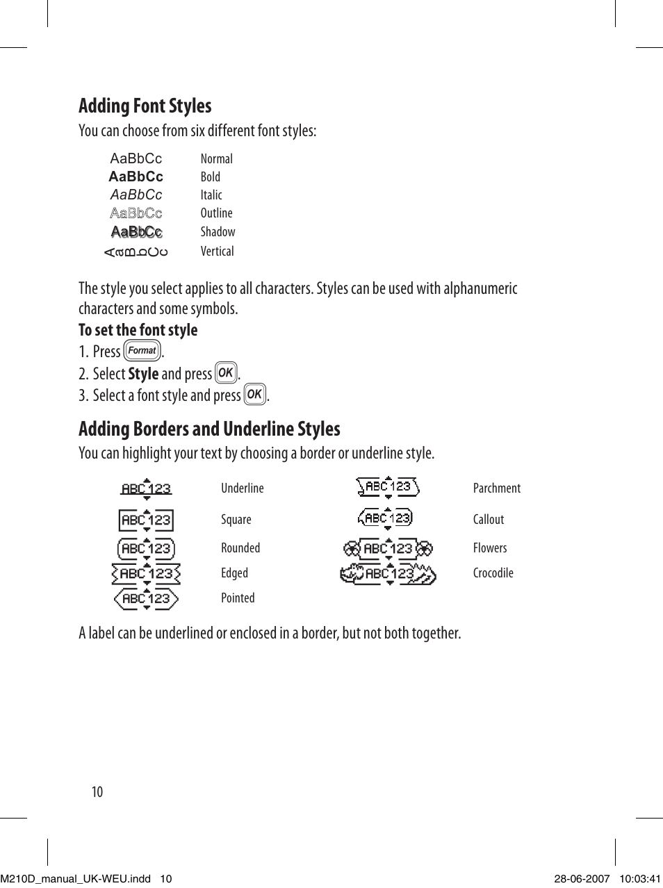 Adding font styles, Adding borders and underline styles | Dymo LabelManager 210D User Manual | Page 10 / 24