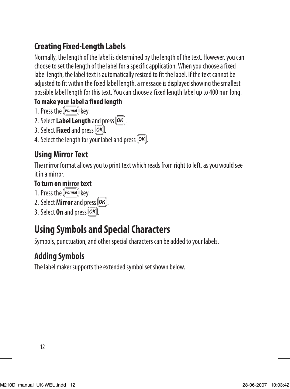 Using symbols and special characters, Creating fixed-length labels, Using mirror text | Adding symbols | Dymo LabelManager 210D User Manual | Page 12 / 24