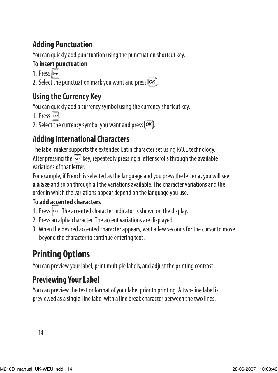 Printing options, Adding punctuation, Using the currency key | Adding international characters, Previewing your label | Dymo LabelManager 210D User Manual | Page 14 / 24