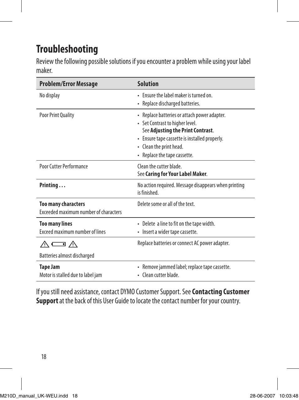 Troubleshooting | Dymo LabelManager 210D User Manual | Page 18 / 24