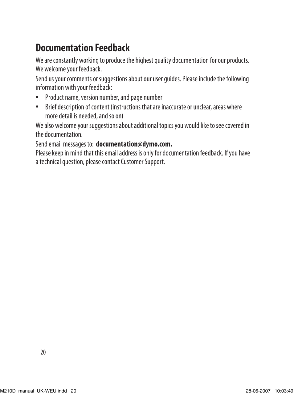 Documentation feedback | Dymo LabelManager 210D User Manual | Page 20 / 24