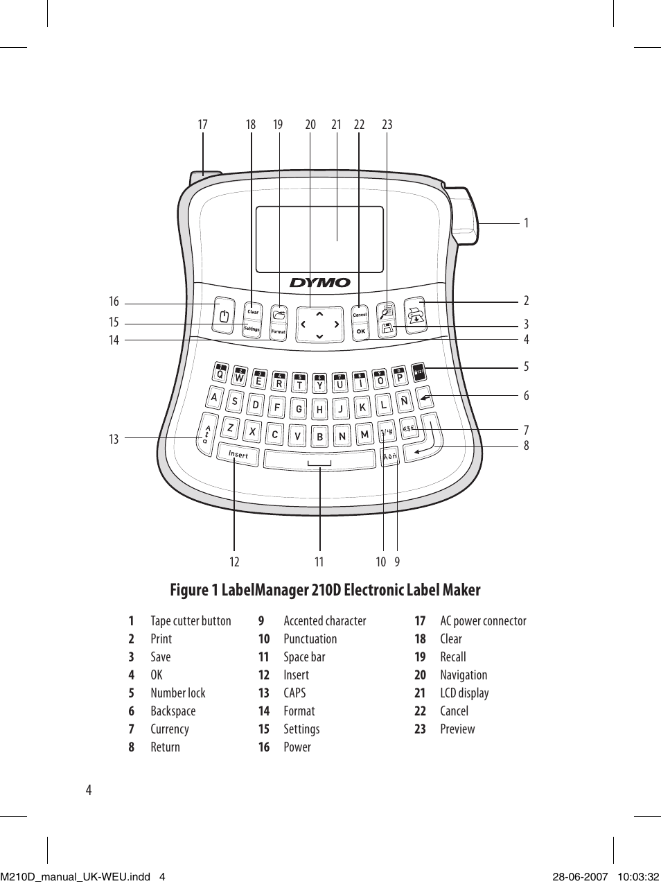 Figure 1 labelmanager 210d electronic label maker | Dymo LabelManager 210D User Manual | Page 4 / 24