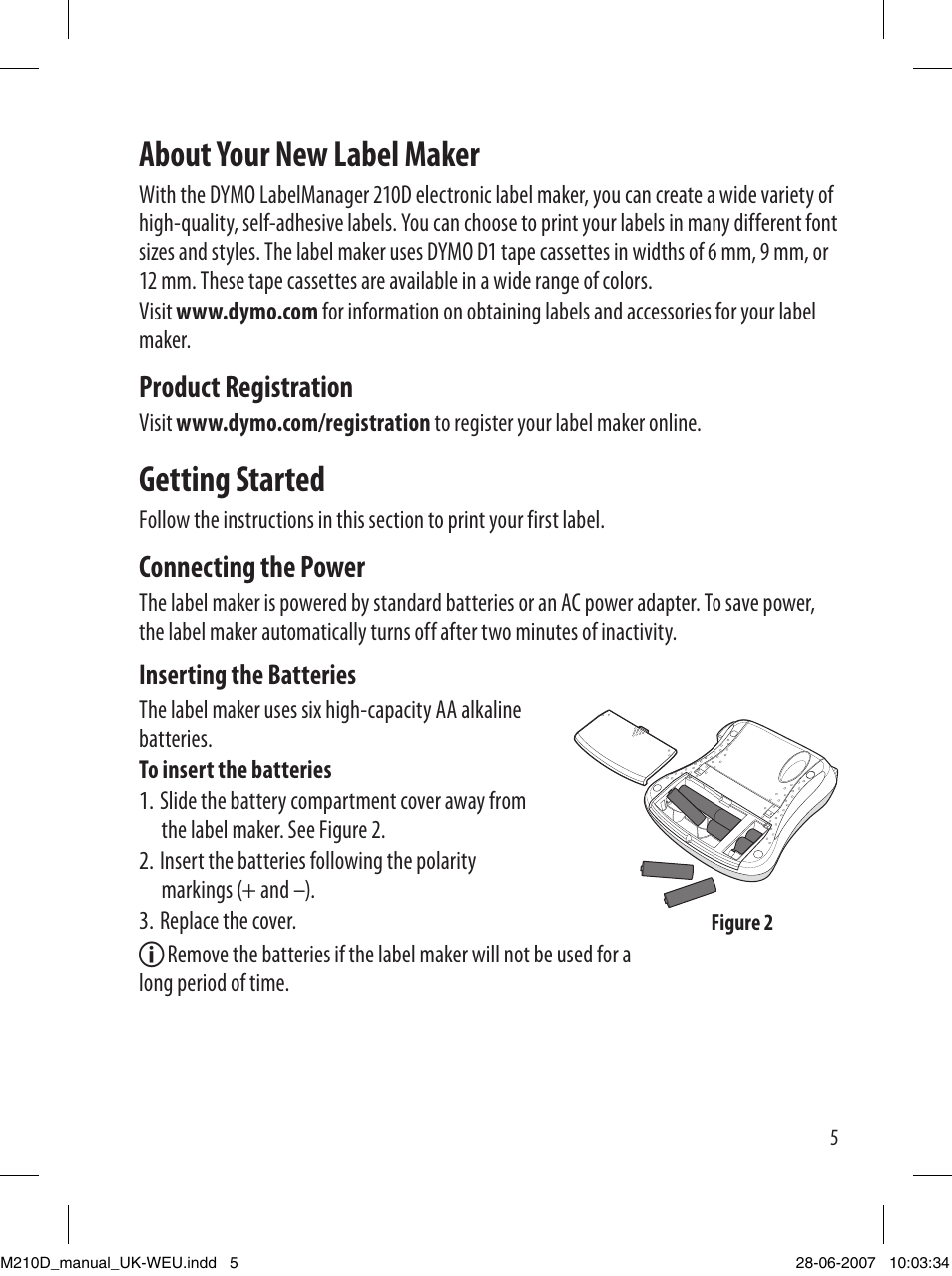 About your new label maker, Getting started, Product registration | Connecting the power | Dymo LabelManager 210D User Manual | Page 5 / 24