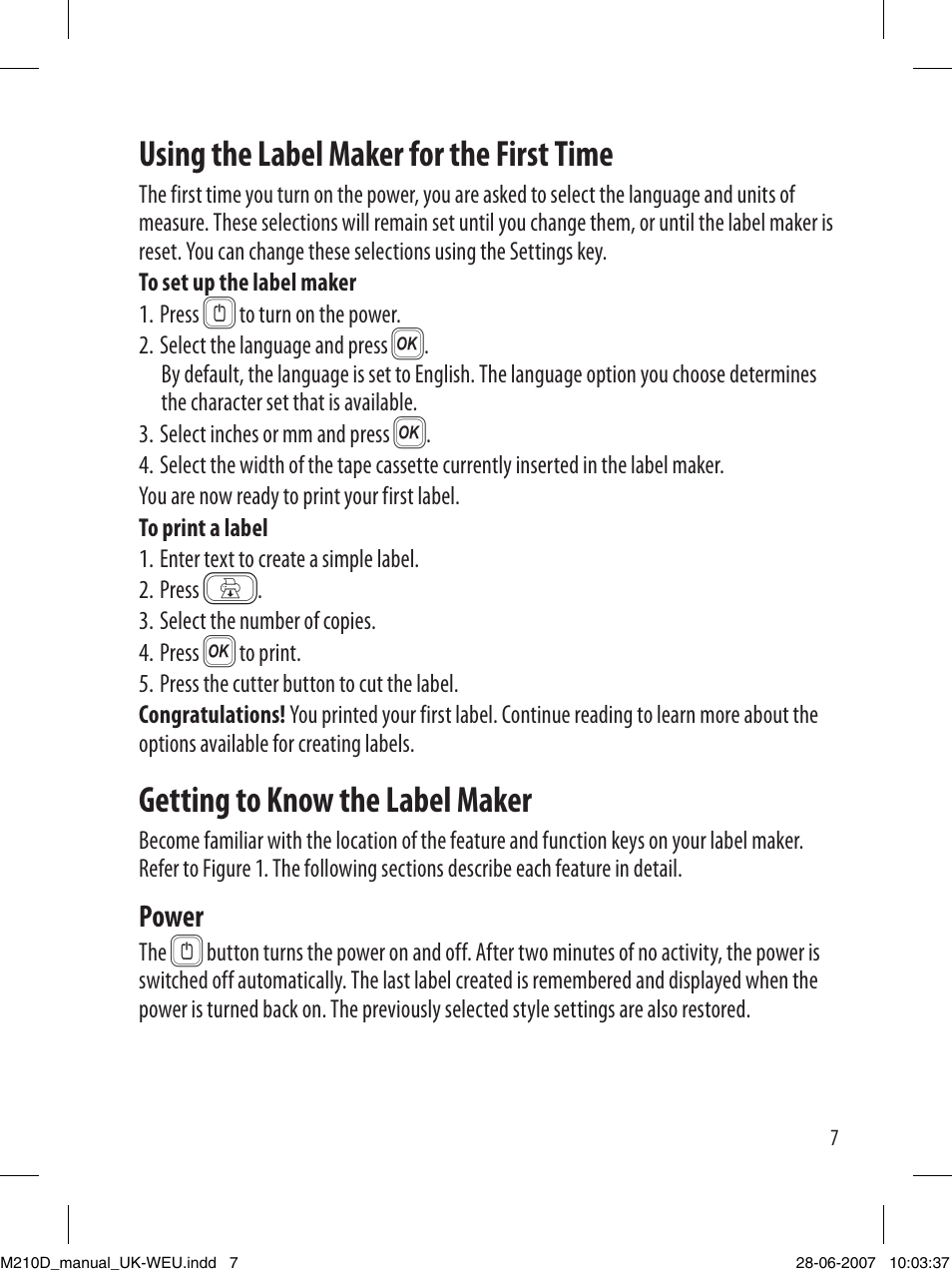 Using the label maker for the first time, Getting to know the label maker, Power | Dymo LabelManager 210D User Manual | Page 7 / 24