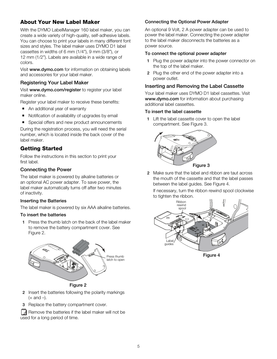 About your new label maker, Registering your label maker, Getting started | Connecting the power, Inserting the batteries, Connecting the optional power adapter, Inserting and removing the label cassette | Dymo LabelManager 160 User Manual | Page 5 / 11