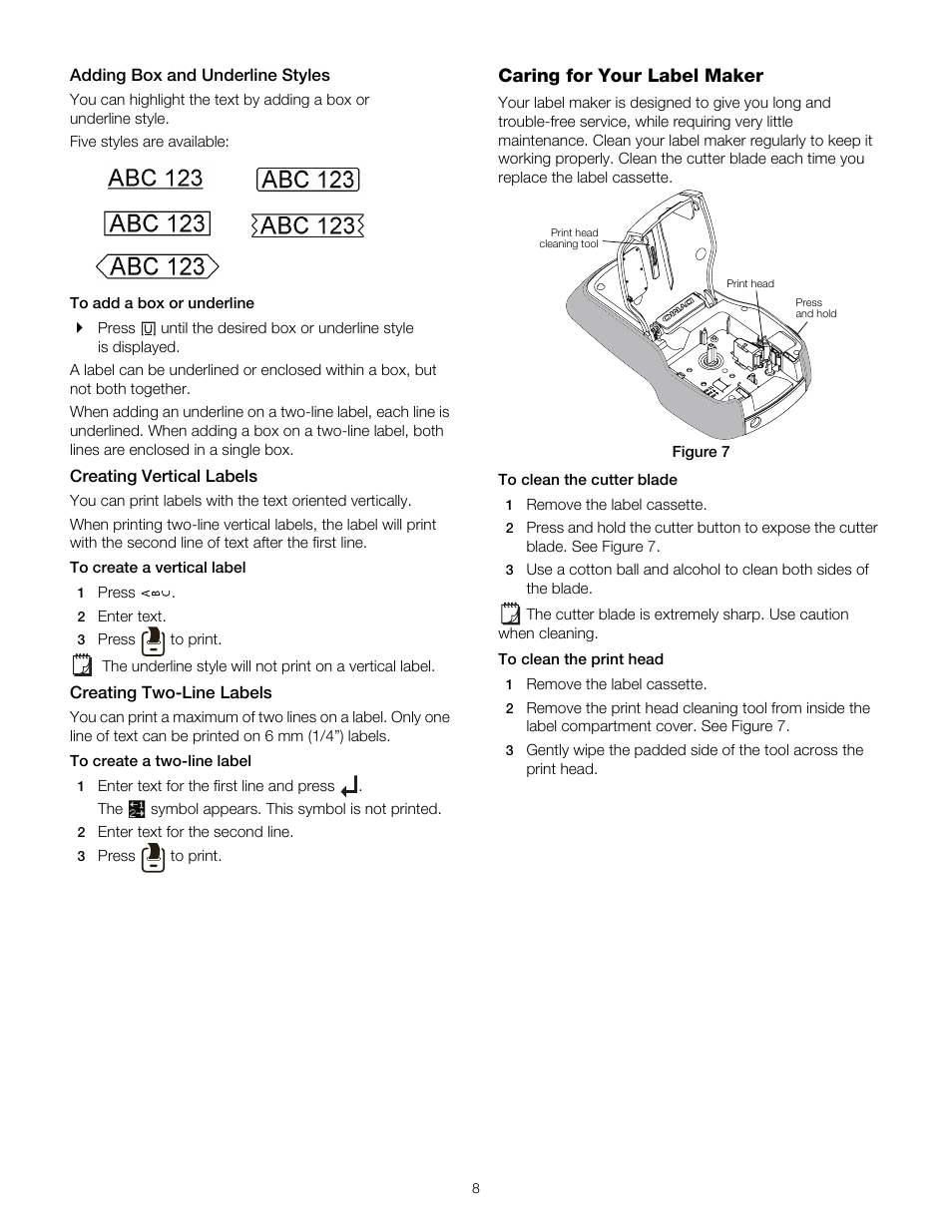 Adding box and underline styles, Creating vertical labels, Creating two-line labels | Caring for your label maker | Dymo LabelManager 160 User Manual | Page 8 / 11