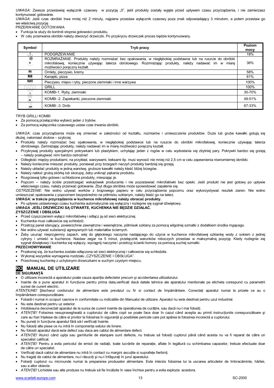 Ro manual de utilizare | Scarlett SC-2000 User Manual | Page 13 / 34