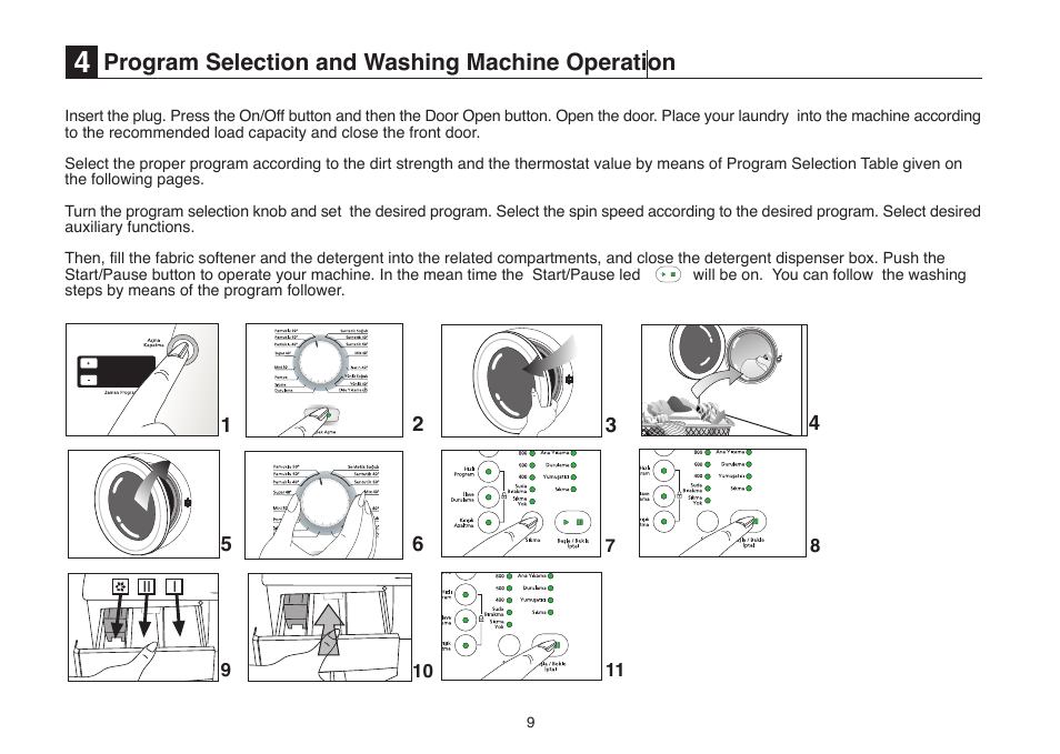 Program selection and washing machine operation | Beko D7082E User Manual | Page 12 / 24