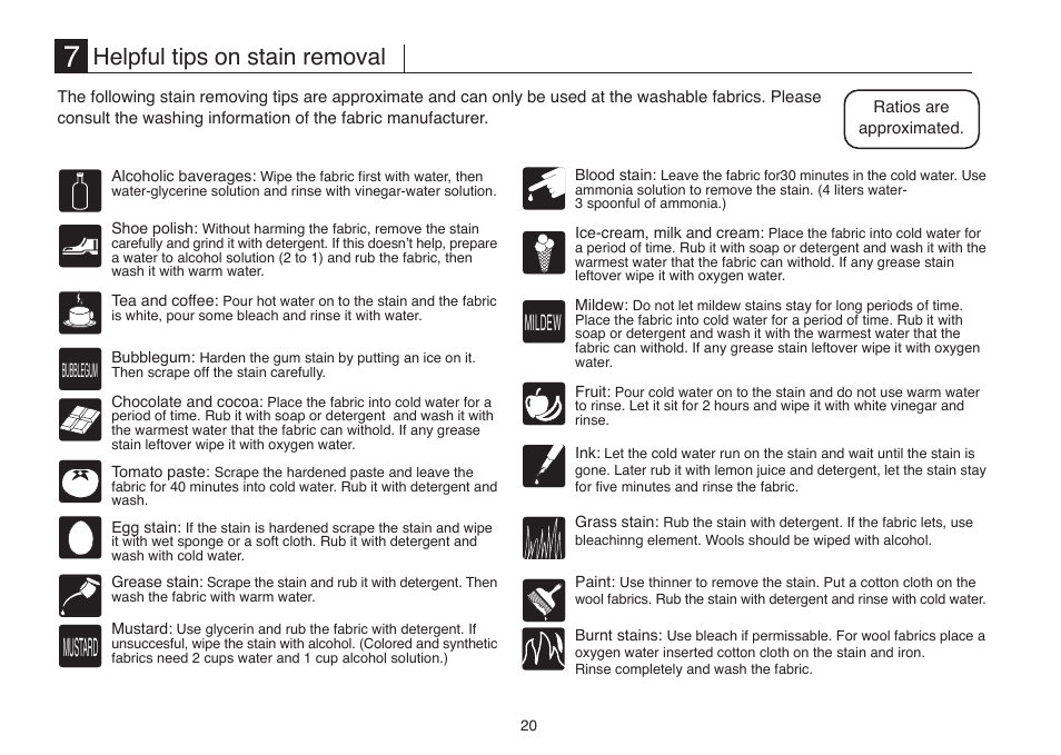 Mustard, Helpful tips on stain removal, Mildew | Bubblegum | Beko D7082E User Manual | Page 23 / 24